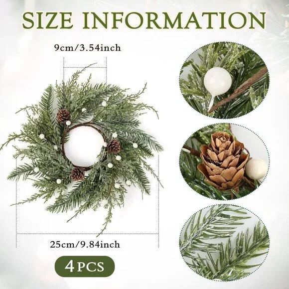 4-Piece Mini Wreath Candle Holders with Pine Cones - Perfect for Christmas Decor